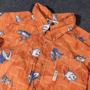 Vintage Columbia Shirt Mens M Fish Print Button Up Short Sleeve 90s Cotton Dad